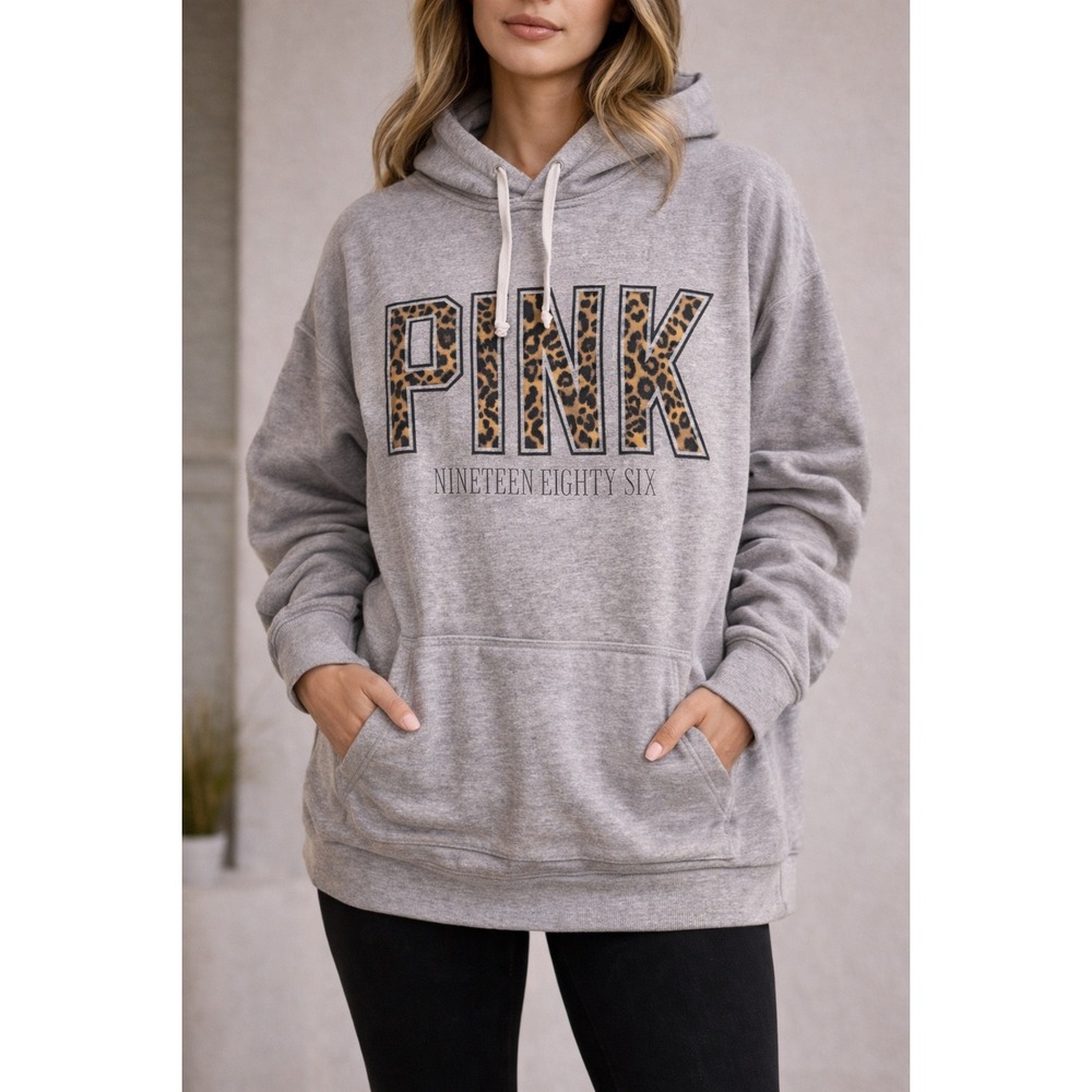 Victoria's Secret PINK Gray Leopard Print Logo Hoodie Sweatshirt Medium - Picture 6 of 6